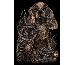 ROYAL & LANGNICKEL Miedziany obrazek zdrapka Pies z kotem / Zestaw artystyczny / 17,5x12,5 cm / od 8 lat