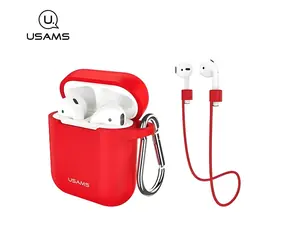 USAMS BH423 czerwony / etui na AirPods / silikon / pasek i karabińczyk