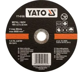 Tarcza tnąca YATO do metalu Inox 180x22x1,5 mm / Tarcza tnąca / Stal nierdzewna /  180 mm