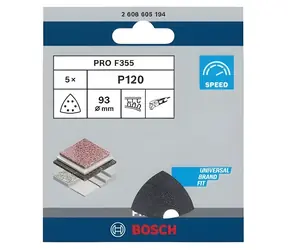 BOSCH F355 / Papier ścierny P120 / 93 x 93 mm / 6 otworów / 5 szt.