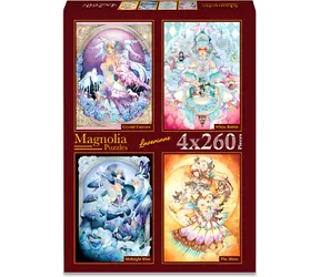 Puzzle MAGNOLIA Kryształowy jednorożec, biały królik, granat i księżyc / 4x260 elementów