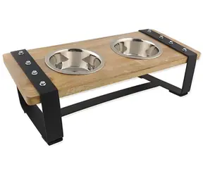 Miski Dog Fantasy z drewnianym stojakiem / Miski dla psów i kotów / Stal nierdzewna / 2 x 400 ml