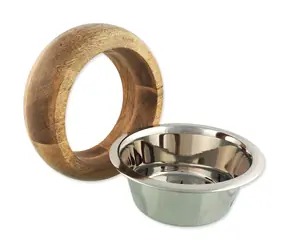 DOG FANTASY Miska ze stali nierdzewnej z drewna, zaokrąglona 840 ml / Miska dla psa / Wkład ze stali nierdzewnej / Drewniana rama / Zaokrąglony kształt