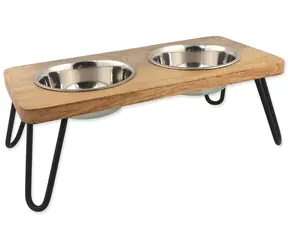 DOG FANTASY Miski ze stali nierdzewnej z drewnianym stojakiem / Dla psów / Nogi żelazne / 2 x 450 ml
