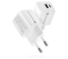 Ładowarka EverActive 20W biała / Ładowarka sieciowa / 1x USB-A / 1x USB-C / Szybkie ładowanie 3.0