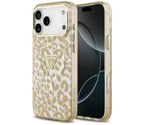 Logo Guess Leopard Glitter Triangle w kolorze brązowym / Tylna obudowa / MagSafe / iPhone 17 Pro, 18 Pro