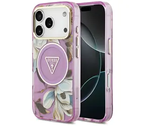 Guess IML Glitter Flowers Triangle fioletowy / Tylna obudowa / MagSafe / iPhone 17 Pro i 18 Pro