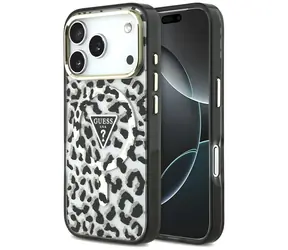 Guess Leopard Glitter Triangle Logo czarny / Tylna obudowa / MagSafe / iPhone 17 Pro, 18 Pro