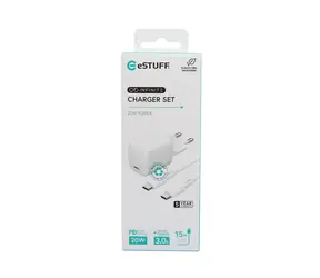 Kit ładujący eSTUFF INFINITE biały / zestaw do ładowania USB / USB-C / PD 20 W / kabel USB-C-Lightning 1,5 m / szybkie ładowanie