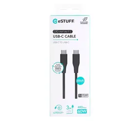 eSTUFF INFINITE (GRS) czarny / kabel USB-C / 3 m / 60 W / GRS plastik z recyklingu