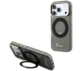 Podstawka pod pierścień Guess IML 360 Script Metal MagSafe czarna / Tylna obudowa / iPhone 17/18 Pro Max / Obrotowa podstawka
