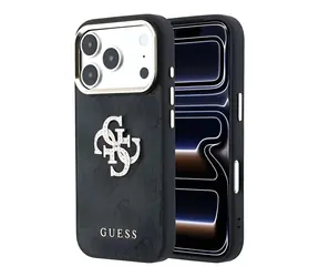 Guess PU 4G Strass Metal Logo iPhone 18 Pro czarny / Tylna obudowa / Sztuczna skóra / Metalowe Logo