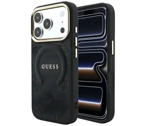 Guess Saffiano Peony & Ring czarny / Tylna obudowa / MagSafe / iPhone 17 Pro, 18 Pro