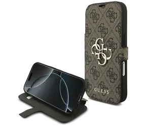 Guess Book 4G Metal Logo brązowy / Etui w kształcie książki / do iPhone'a 18 Pro i 17 Pro / metalowe Logo