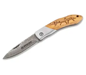 Boker Caveman Damascus / Nóż kieszonkowy / Stal damasceńska / Ostrze 8,2 cm / Rękojeść drewniana / Blokada tylna
