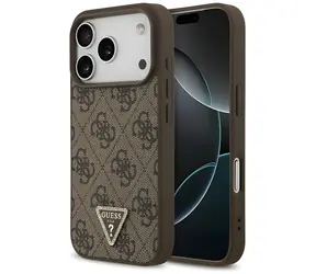Guess Leather 4G Triangle Strass brown / Tylna obudowa / MagSafe / iPhone 17 Pro, 18 Pro