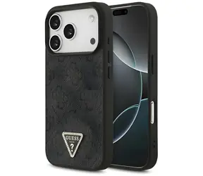 Guess Leather 4G Triangle Strass black / Tylna obudowa / MagSafe / iPhone 18 Pro, 17 Pro