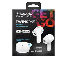 Defender Twins 945 biały / Słuchawki bezprzewodowe / Mikrofon / Bluetooth 5.3 / Sterowanie dotykowe