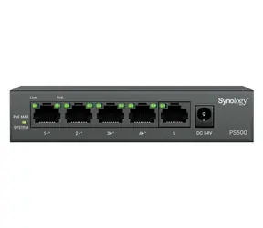 Synology PS500 / Przełącznik / 5x GbE RJ-45 / 4X PoE+ / Budżet PoE 60 W / bez wentylatora