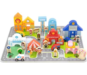 Drewniany zestaw konstrukcyjny VIGA Baby City / Podstawowa plansza do układania puzzli 20 elementów / 60 kostek z akcesoriami / od 2 lat
