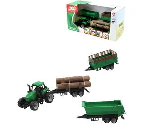 Zielony traktor z 3 przyczepami i kłodami drewna / Traktor / Zestaw do zabawy / Plastik / od 3 lat