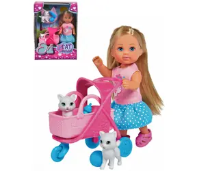 Simba Lalka Evička kocia mama / 12 cm / z wózkiem i 2 kociętami / od 3 lat