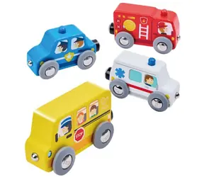Hape Zestaw 4 drewnianych samochodów na magnesie / Akcesorium do torów kolejowych / Drewno / od 18 miesięcy