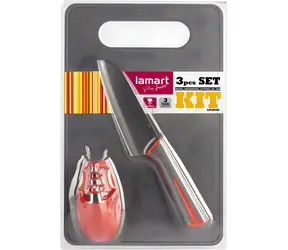 Lamart LT2099 / Zestaw nóż, ostrzałka i deska do krojenia / nóż 23,5 cm / temperówka 9 x 5 cm / deska do krojenia 29 x 19,5 cm