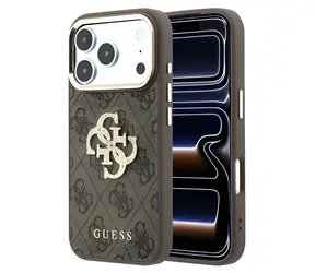 Logo Guess PU 4G Strass Metal na iPhone'a 18 Pro brązowe / Tylna obudowa / Skóra ekologiczna / Metalowe Logo
