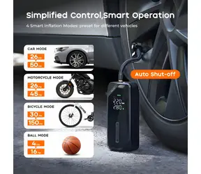 Pompka do opon Flextail Evo 150 czarna / Pompka do opon / Ciśnienie 150 PSI / 4 tryby pompowania / Bateria 4500 mAh