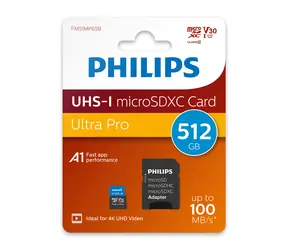 Philips microSDXC 512 GB + adapter / Karta pamięci / Klasa 10 / UHS-I U3 / V30 / odczyt 100 MB/s