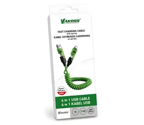 Vakoss MLU680G zielony / Kabel do ładowania i transmisji danych 4w1 / USB-C / USB-A / Lightning / 60 W / 1,5 m