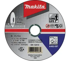 Tarcza tnąca Makita do metalu 125 mm / Tarcza tnąca / 125 x 1,6 x 22,2 mm
