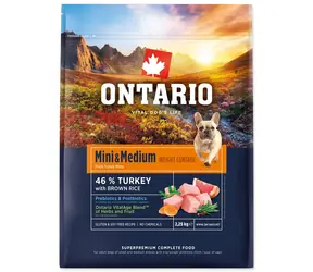 Ontario Mini & Medium Weight Control Turkey & Brown Rice 2,25 kg / Granulat dla dorosłych psów 