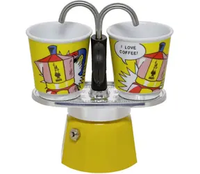Bialetti MINI EXPRESS Zestaw Lichtenstein żółty / Zestaw: dzbanek fontannowy do mokki (90 ml) + 2x kubek (Roy Lichtenstein)