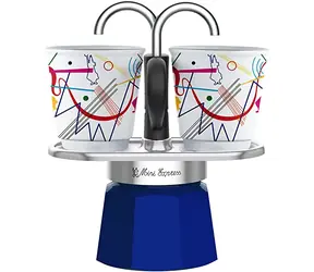 Bialetti MINI EXPRESS Zestaw Kandinsky niebieski / Zestaw: dzbanek fontannowy do mokki (90 ml) + 2x kubek (Wassily Kandinsky)