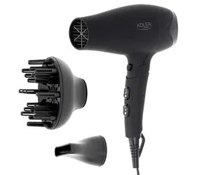 Adler AD 2267 czarny / Suszarka do włosów / 2100 W / 3 temperatury / 2 prędkości / dyfuzor / koncentrator / gumowa osłona