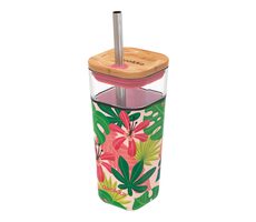 Kubek podróżny Quokka Glass ze słomką Liquid Cube Pink Jungle Flora 540 ml