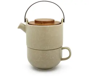 Bredemeijer Umea Czajnik beżowy / 500 ml / pokrywa ceramiczna / akacjowa 