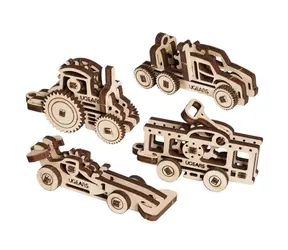 Ugears 3D Drewniane mechaniczne puzzle 4 mechaniczne wisiorki Pojazdy / Wiek 5 i więcej / 62 elementy / Poziom trudności: niski