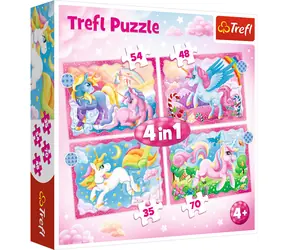 Trefl - Puzzle - Jednorożce i magia 4 w 1 / 35 + 48 + 54 + 70 elementów / 28,5 x 20,5 cm / wiek 4+