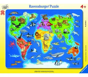 Ravensburger - Puzzle - Mapa świata ze zwierzętami / 30 elementów / od 4 lat