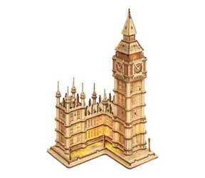 Drewniane puzzle 3D Robotime Big Ben podświetlana wieża zegarowa / od 14 lat / 220 elementów / Poziom trudności: średni 