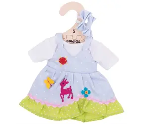 Bigjigs Toys Niebieska sukienka w kropki z jeleniem dla lalki 28 cm / od 2 lat