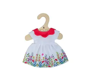 Bigjigs Toys Biała sukienka w kwiaty z czerwonym kołnierzykiem dla lalki 28 cm / od 2 lat