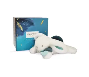 Doudou Zestaw upominkowy - Pluszowy królik z granatowym pomponem 25 cm / od 0 lat