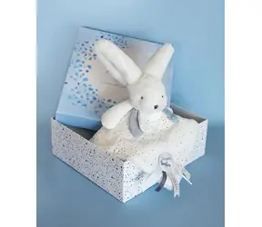 Doudou Zestaw upominkowy niebieski - królik z kwadratowym kocykiem 25 cm / od 0 lat