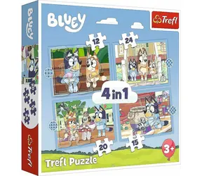 Trefl - Puzzle - Bluey i jej świat 4 w 1 / 12|15|20|24 elementy / 28,5 x 20,5 cm / wiek 3+