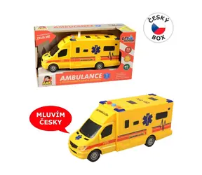 MaDe 07631 Ambulans z kołem zamachowym, światłem i dźwiękiem, zasilany bateriami / 8 x 19 x 6 cm / od 3 lat