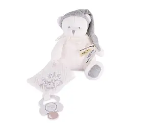Zestaw prezentowy Doudou Miś z klipsem do smoczka i kocykiem Szary 20 cm / od 0 miesięcy